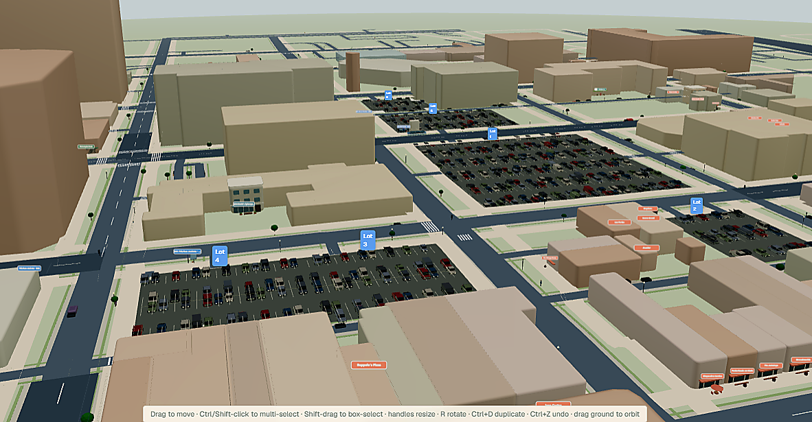 Lot2Block 3D view of four large Pittsburgh surface parking lots before a reuse scenario is applied