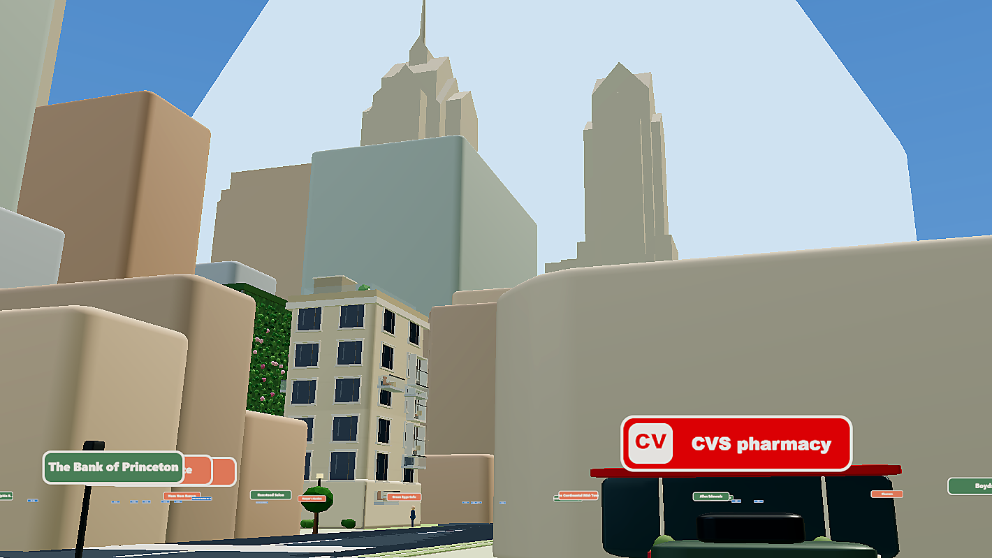 Actual street-level Lot2Block walk-around capture in Philadelphia looking toward a pharmacy with the Center City skyline behind it